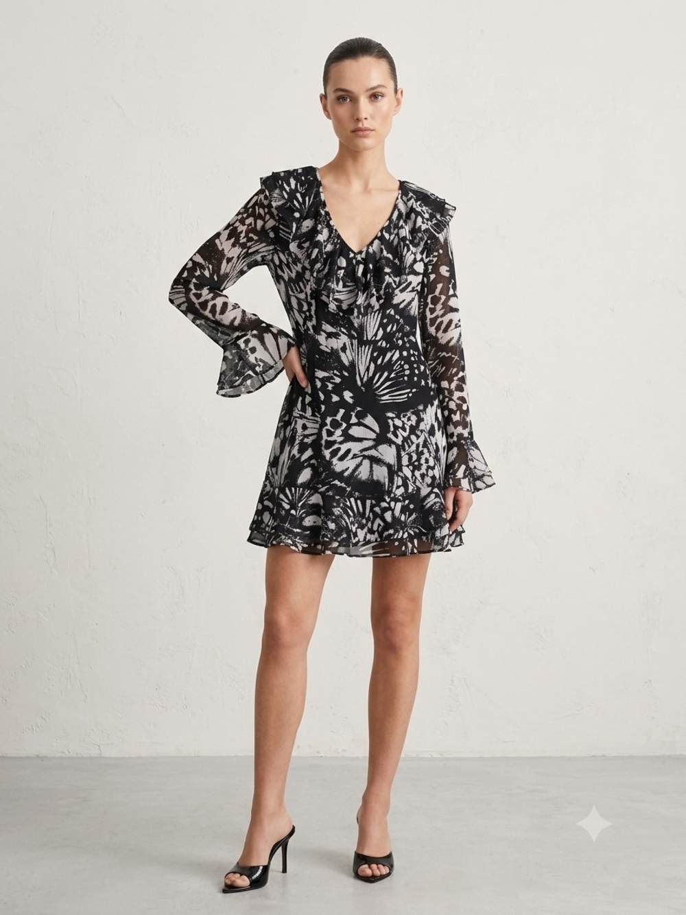Topshop Black & White Butterfly Print Ruffle Mini Dress - Size 8